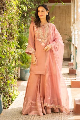Ajiesh Oberoi Old Rose Embroidered Kurta Sharara Set 