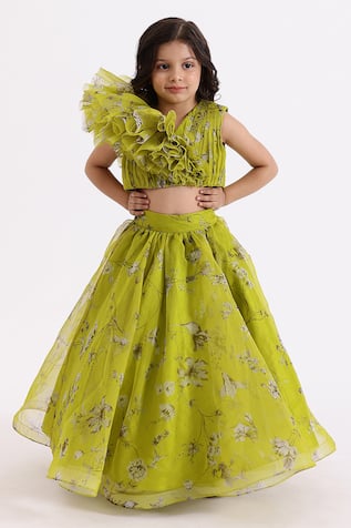 Garden Print Draped Top & Lehenga Set 