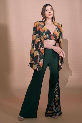 Leaf Print Coat Pant Set 