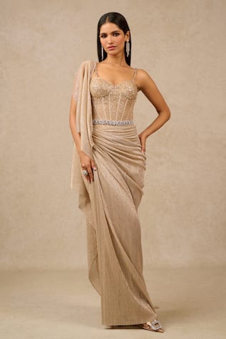 Simply Splendid an Intricately Crafted Saree Style Gown with Cape & Belt