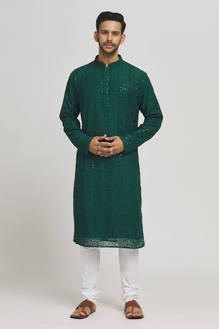 Green Sequined Cotton Kurta & Churidar Set For Kids