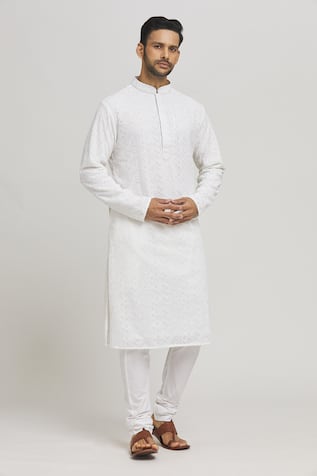 White Embroidered Kurta & Churidar Set For Kids