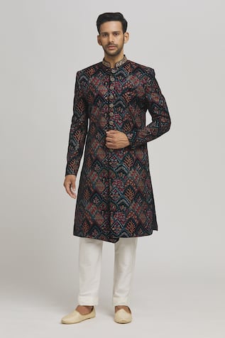 Black Floral Embroidered Sherwani Set For Kids