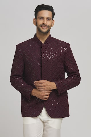 Maroon Geometric Embroidered Bandhgala For Kids