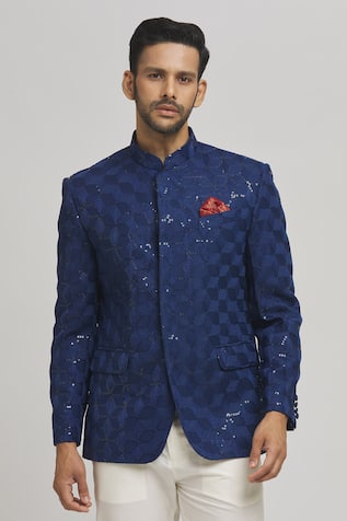 Geometric Sequined Bandhgala Jacket For Kids