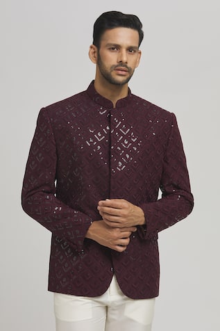 Maroon Geometric Sequin Bandhgala For Kids