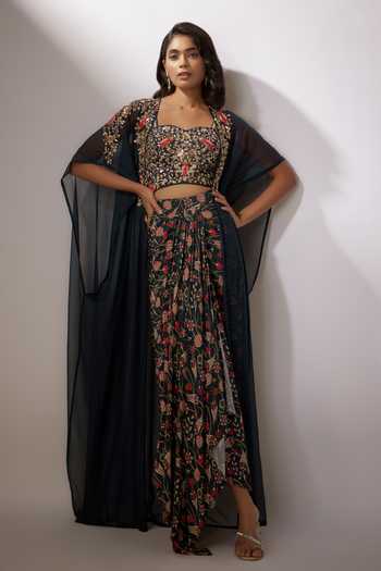 Nadima Saqib Zardosi Embroidered Cape Draped Skirt Set 