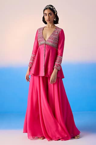 Mirroir Crystal Embellished Peplum Kurta With Sharara 