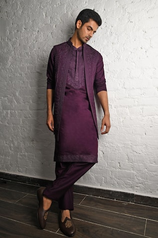 Handloom Silk Embroidered Jacket Kurta Set For Kids