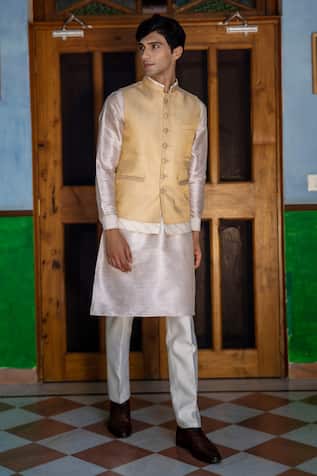 Tajiri Beige Silk Bundi Kurta Set 