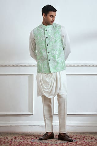 TAJIRI French Knot Botanic Embroidered Bundi Kurta Set 