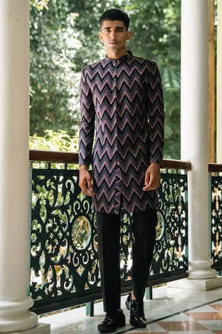 TAJIRI Valiant Chevron Pattern Sherwani Set 