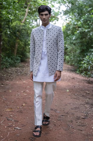 TAJIRI Prowess Geometric Embroidered Jacket & Kurta Set 