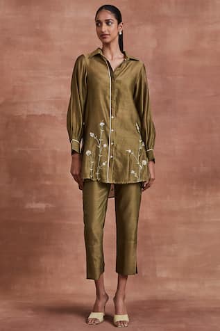 Sue Mue Keya Floral Embroidered Shirt & Pant Set 