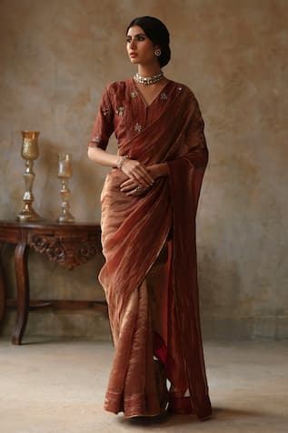 Embroidered Silk Tissue Saree & Blouse Set 