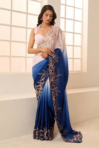 Masumi Mewawalla x AZA Ombre Embroidered Saree With Ruched Blouse 