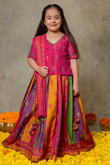 Vivedkids Color Block Floral Print Lehenga Set 