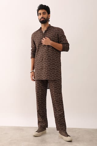 Geometric Print Brown Kurta Set 