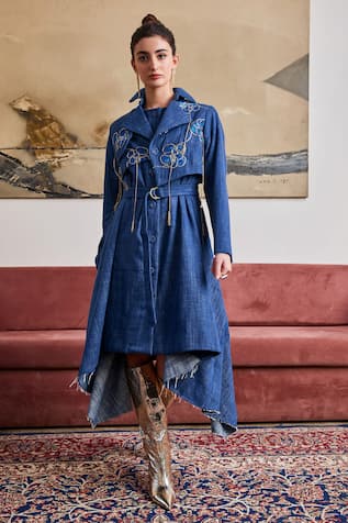 Pozruh by Aiman Phoenix Denim Asymmetric Dress With Jacket 