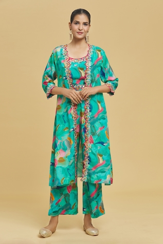 Adara Khan Hand Brush Pattern Embroidered Jacket Pant Set