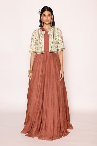 Abstract By Megha Jain Madaan Mughal Fleur Embroidered Jacket With One Shoulder Front Drape Maxi Dress 