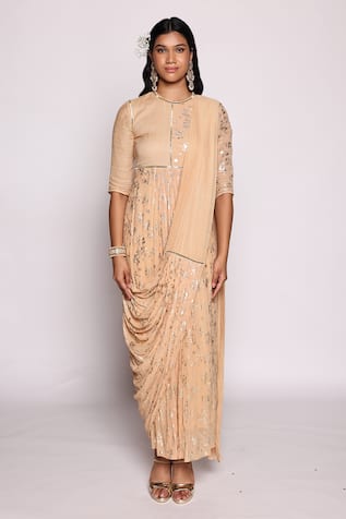 Abstract By Megha Jain Madaan Beige Foil Print Embellished Saree Gown 
