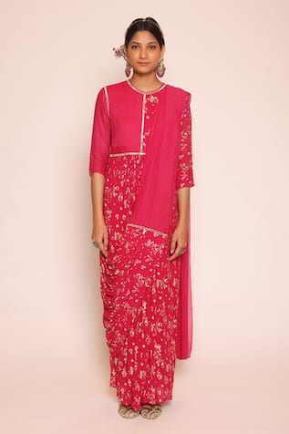 Abstract By Megha Jain Madaan Peony Foil Print Embellished Draped Saree Gown 