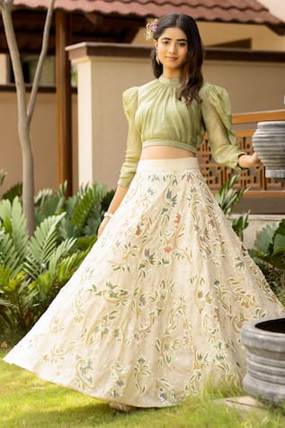 ABSTRACT BY MEGHA JAIN MADAAN Leg Of Mutton Sleeves Crop Top With Boho Fleur Embroidered Skirt 