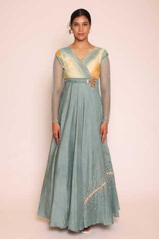 ABSTRACT BY MEGHA JAIN MADAAN Ombre Gathered Bodice Embellished Maxi Dress 