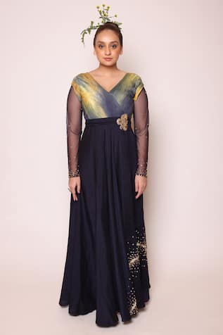 ABSTRACT BY MEGHA JAIN MADAAN Ombre Gathered Bodice Celeste Embellished Maxi Dress 