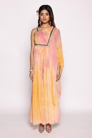 ABSTRACT BY MEGHA JAIN MADAAN Ombre Embellished Ruched Bodice Jumpsuit With Attached Dupatta 