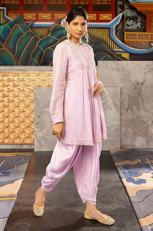 ABSTRACT BY MEGHA JAIN MADAAN Wisteria Fleur Foil Print Pleated Flare Tunic With Dhoti Pant 