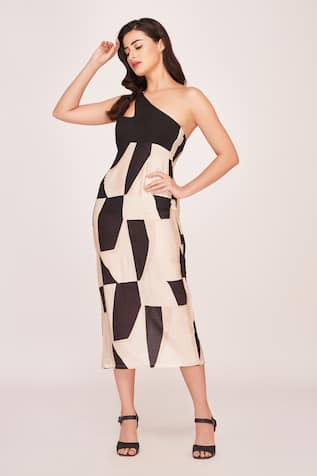 House of Varada Mosaic Print One Shoulder Midi Dress 