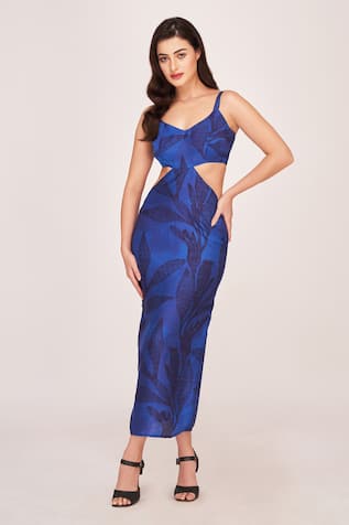 House of Varada Dainty Fern Print Side Cut Out Midi Dress 