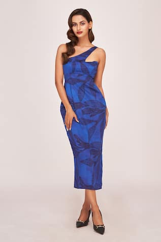 House of Varada Tranquil Leaf Print One Shoulder Midi Dress 