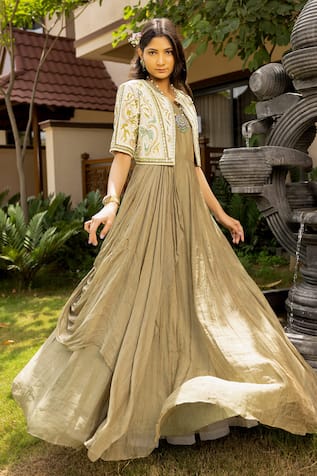 Abstract By Megha Jain Madaan Persian Fleur Embroidered Jacket With One Shoulder Front Drape Maxi Dress 