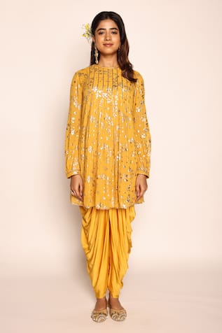 ABSTRACT BY MEGHA JAIN MADAAN Pansy Fleur Foil Print Pleated Flare Tunic With Dhoti Pant 