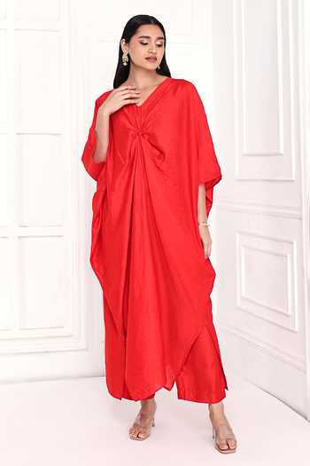 Komal Shah Red Knotted Kaftan & Pant Set 