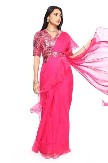 Komal Shah Pre-Draped Saree With Embroidered Blouse 