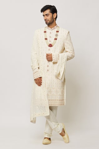 Aryavir Malhotra Honeycomb Embroidered Sherwani With Churidar 