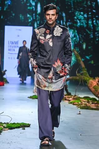 Varun Bahl Floral Print Velvet Bandhgala Trouser Set 