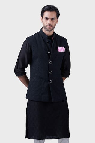 Floral Embroidered Black Silk Waistcoat 