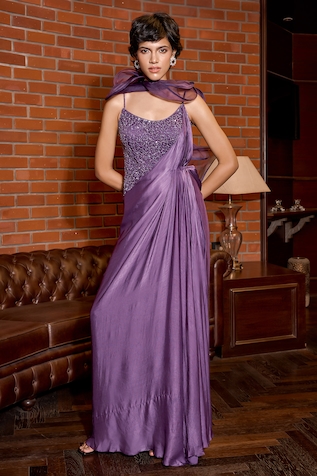 Buy Purple Net Embroidery Sweetheart Neck Layered Corset Saree Gown For  Women by Shloka Khialani Online at Aza Fashions.