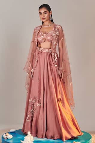 One Knot One By Ashna Floral Sequin Embroidered Cape Lehenga Set 