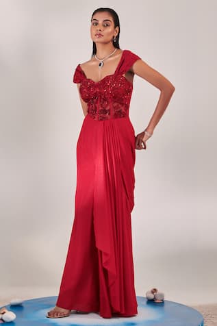 One Knot One Sequin Embroidered Pleated Gown 