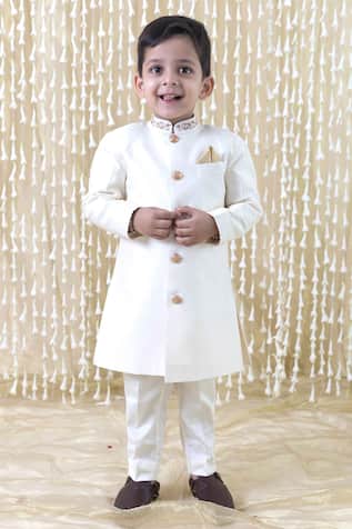 Tiber Taber Cream Solid Sherwani Pant Set 