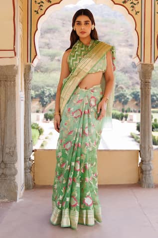 Geroo Jaipur Resham Jaal Pattern Saree With Unstitched Blouse Piece 