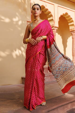 Geroo Jaipur Pure Bandhani Gajji Silk Saree With Unstitched Blouse Piece 