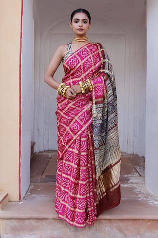 Geroo Jaipur Gharchola Zari Pallu Saree With Unstitched Blouse Piece 