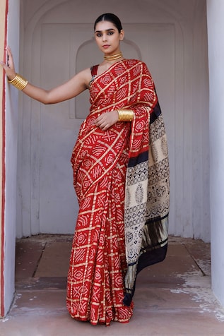 Pure silk Ajrakh Bandhani saree online | Traditional women wear